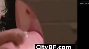 Brunette babe gets covered in cum after big cock cumshot